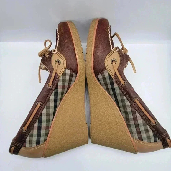 Sperry Top-Sider Wedge Heels Blue Plaid "Goldfish" Size 7.5 M Brown Leather - Picture 9 of 11
